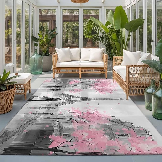Area Rug 3x5ft, Vintage Towel Couple Pink Flower Washable Rugs for Living Room Bedroom, Watercolor Modern City Scene Soft Non-Slip Area Rugs Rectangle Floor Carpet for Dining Room