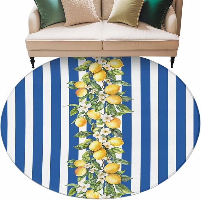 Washable Round Area Rug Summer Lemon Green Leaves Watercolor Circle Rugs Floor Carpet for Living Room Bedroom, Blue Stripe Soft Non Slip Round Rug 5ft