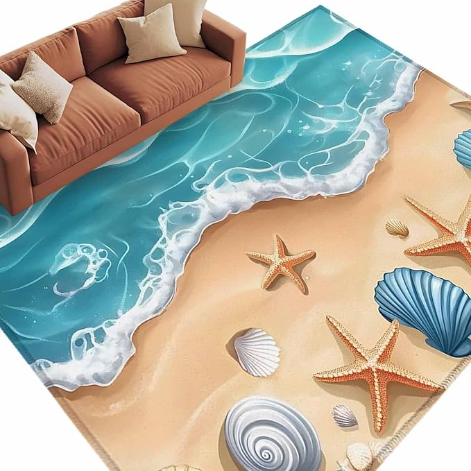 Area Rug 6x9ft, Summer Beach Shell Starfish Washable Rugs for Living Room Bedroom, Marine Life Cartoon Style Soft Non-Slip Area Rugs Rectangle Floor Carpet for Dining Room