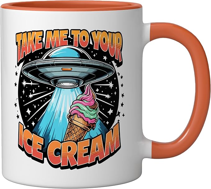 Take Me to Your Ice Creams UFO Abduction Funny Ice Cream Ceramic Mug, Orange/White
