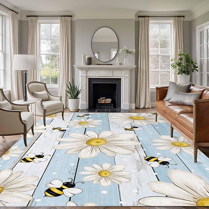 Area Rug 8x10ft, Watercolor White Daisy Floral Bee Washable Rugs for Living Room Bedroom, Rustic Light Blue Wood Plank Soft Non-Slip Area Rugs Rectangle Floor Carpet for Dining Room
