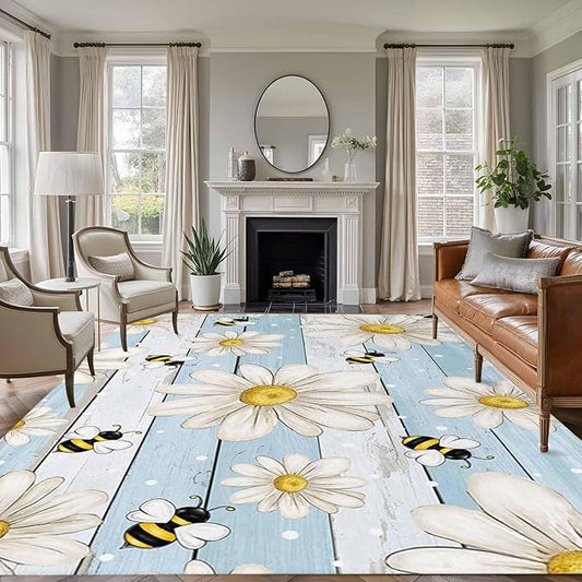 Area Rug 9x12ft, Watercolor White Daisy Floral Bee Washable Rugs for Living Room Bedroom Rectangle Floor Carpet, Rustic Light Blue Wood Plank Soft Non-Slip Area Rugs for Dining Room