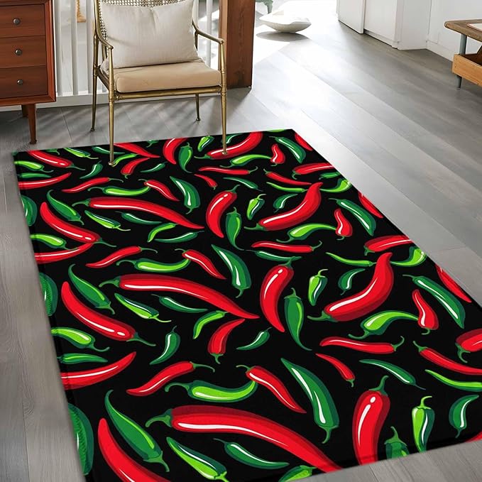 Area Rug 4x6ft, Spicy Chili Pepper Pattern Washable Rugs for Living Room Bedroom, Red Green Peppers on Black Soft Non-Slip Area Rugs Rectangle Floor Carpet for Dining Room