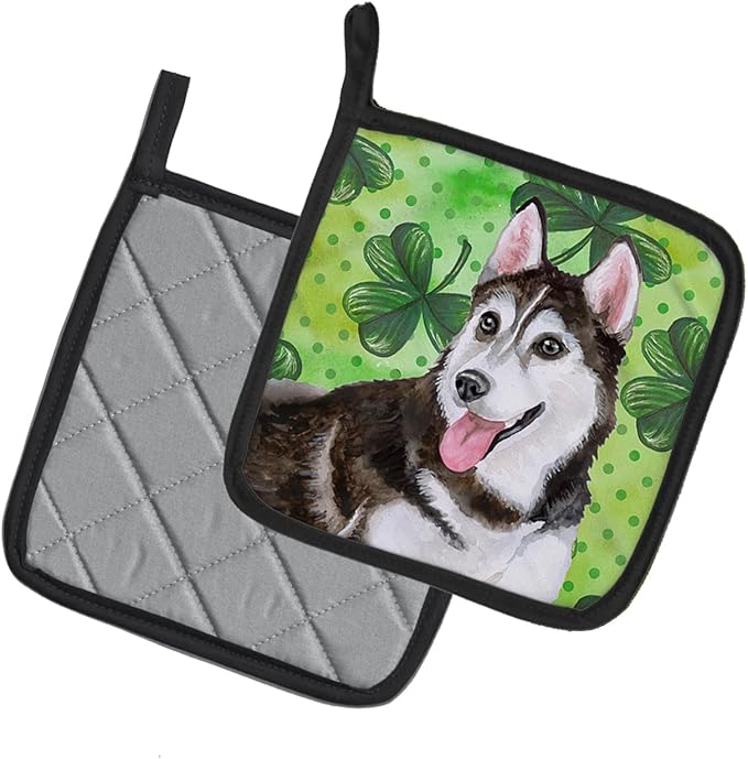 Caroline's Treasures BB9886PTHD Siberian Husky #2 St Patrick's Pair of Pot Holders, Green Kitchen Heat Resistant Pot Holders Sets Oven Hot Pads for Cooking Baking BBQ, 7 1/2 x 7 1/2