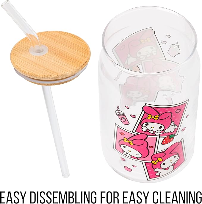 Silver Buffalo Sanrio Hello Kitty and Friends My Melody Polaroids Glass Jar Tumbler with Bamboo Lid and Glass Straw, 16 Ounces (Pack of 12)