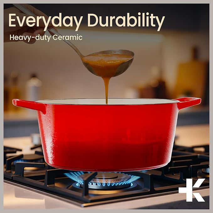 Bakken Enameled Cast Iron Dutch Oven Pot, 6QT Dutch Oven for Bread Baking, Braising & Roasting, Kitchen & Campfire Cooking, Moisture-Locking Lid, Oven Safe Up To 500°F, Works on All Cooktops, Red