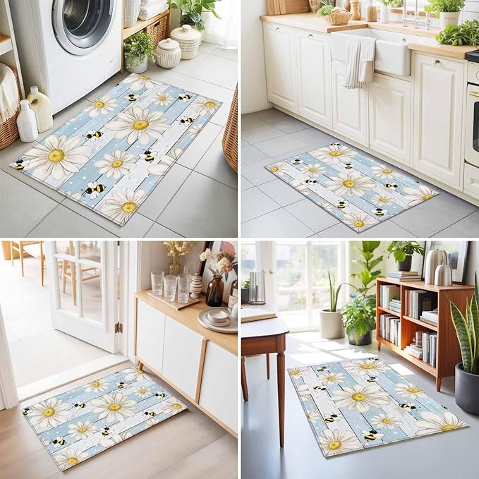 Area Rug 2x3ft, Watercolor White Daisy Floral Bee Washable Rugs for Living Room Bedroom, Rustic Light Blue Wood Plank Soft Non-Slip Area Rugs Rectangle Floor Carpet for Dining Room