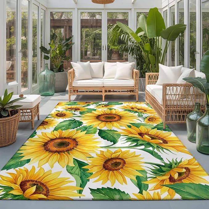 Area Rug 3x5ft, Summer Garden Sunflower Leaves Washable Rugs for Living Room Bedroom, Farm Blossom Floral Soft Non-Slip Area Rugs Rectangle Floor Carpet for Dining Room