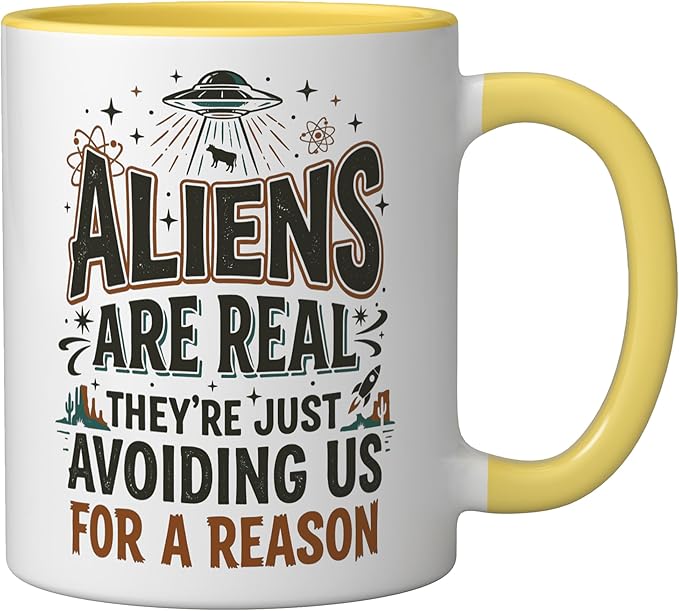 Aliens UFO Space Sci Fi Believer Extraterrestrial Ceramic Mug, Yellow/White
