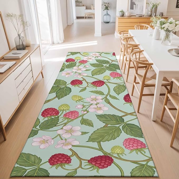 Runner Rug for Bedroom Hallway, Farmhouse Berry Red Pink Blossoms Flower Kitchen Runner Rugs Area Rug 2x6ft, Green Leaves Washable Soft Floor Carpet for Entryway Stair