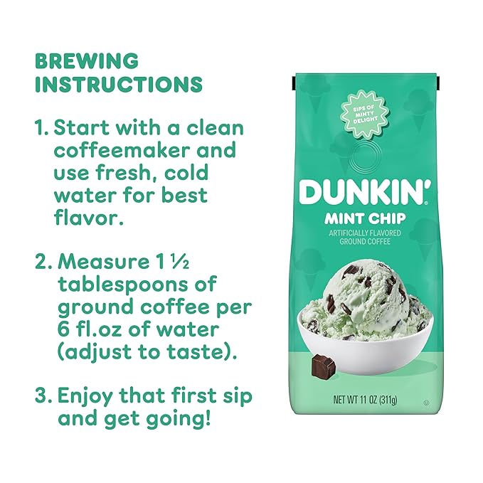 Dunkin’ Mint Chip Artificially Flavored Coffee, Ground Coffee, 11 Oz. Bag (Pack of 6)