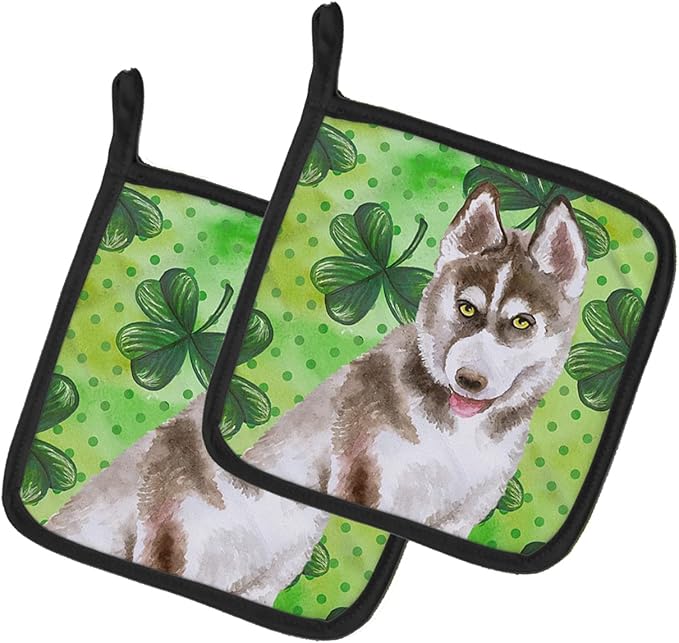 Caroline's Treasures BB9870PTHD Siberian Husky Grey St Patrick's Pair of Pot Holders, Green Kitchen Heat Resistant Pot Holders Sets Oven Hot Pads for Cooking Baking BBQ, 7 1/2 x 7 1/2