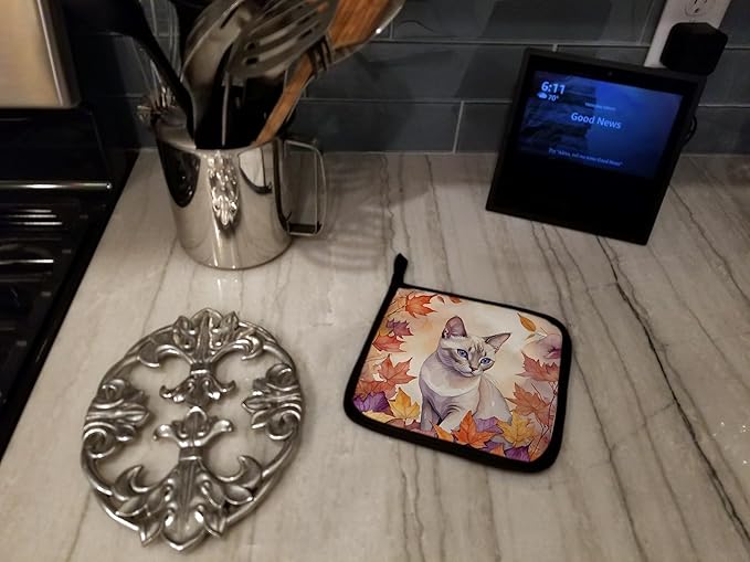 Caroline's Treasures Thai Lilac Cat in Fall Leaves Pair of Pot Holders Kitchen Heat Resistant Pot Holders Sets Oven Hot Pads for Cooking Baking BBQ, 7 1/2 x 7 1/2