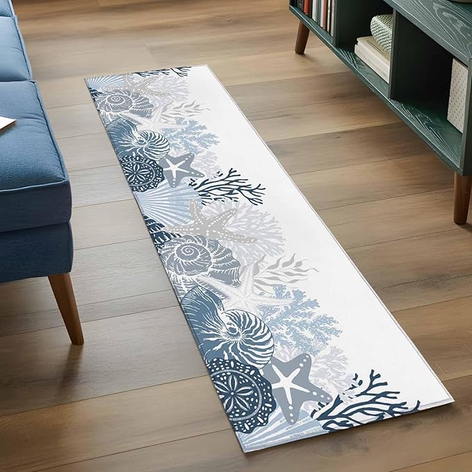 Runner Rug for Bedroom Hallway, Underwater Blue Shells Starfish Coral Kitchen Runner Rugs Area Rug 2x6ft, Summer Botantical Washable Soft Floor Carpet for Entryway Stair