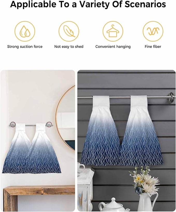 Alandar Home Kitchen Tie Towel Set of 1, Abstract Stripe Blue Gradient Absorbent Soft Hand Towels for Bathroom Hanging Towels, Modern Morocco Wave Line Fast Drying Cleaning Cloth with Loop