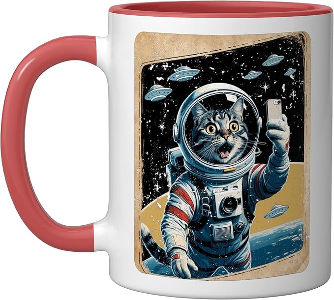 Space Cat Astronaut UFO Funny Sci-fi Alien Selfie Ceramic Mug, Red/White