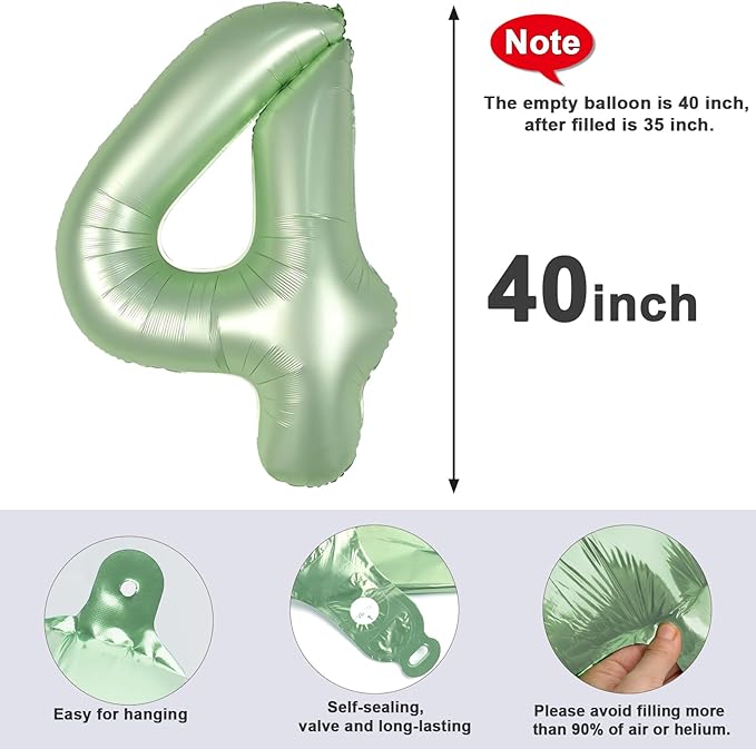 Number Balloons 40 Inch Large for Girls Boys, 4 Balloon Number Foil Helium Olive Green Balloon for 4th 14 40 44 Birthday Party, Mylar Balloons Number 4 for Graduations Anniversary Baby Shower