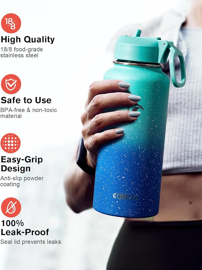 Coolflask Water Bottle 32 oz Insulated with Straw, Stainless Steel Metal 3 Lids Water Flask Wide Mouth for Sports or Office, Non-BPA Keep Cold Up to 48 Hrs or Hot Up to 24 Hrs, Glacier Blue