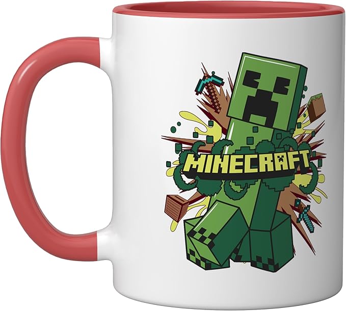 Minecraft Creeper Running From Explosion Ceramic Mug, Red/White