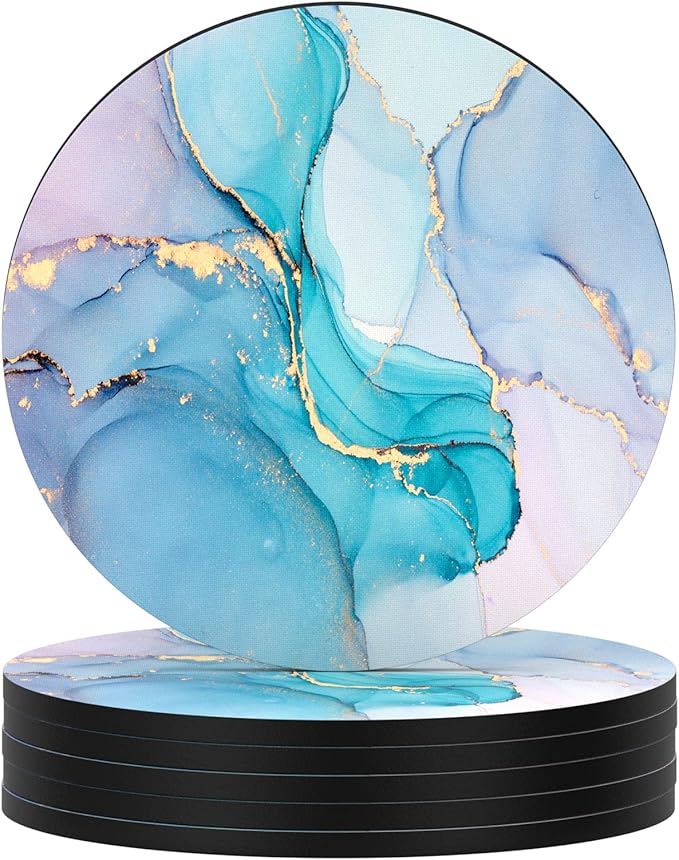 Nipichsha Coasters for Drinks, Set of 6 Cute Absorbent Rubber Drink Coasters for Cup with Non Slip Backing, Kitchen Home Decor Housewarming Gift, Round 4 in, Colorful Marble