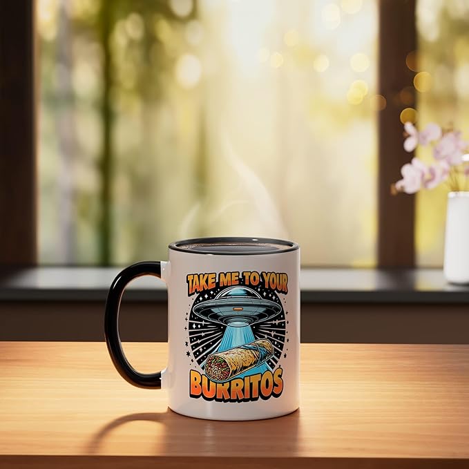 Take Me to Your Burritos UFO Abduction Funny Mexican Burrito Ceramic Mug, Black/White
