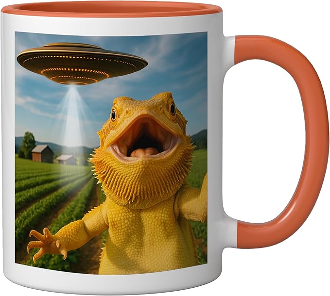 Funny Bearded Dragon Selfie with Alien UFO Ceramic Mug, Orange/White