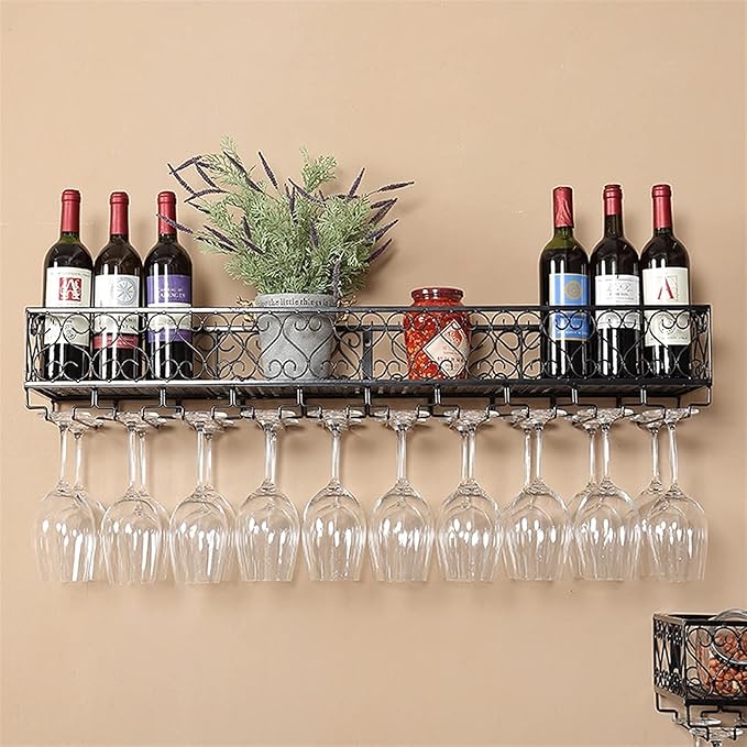 Wall Wine Rack Metal Iron Creative Grid Hanging Wine Bottle Holder Large Wine Glass Shelf Industrial Wine Cabinet for Kitchen/Bar/Restaurant Hanger(Size: 60CM Color:Black)