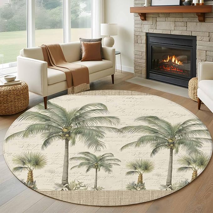 Washable Round Area Rug Coastal Tropical Olive Green Palm Trees Circle Rugs Floor Carpet for Living Room Bedroom, Classic Retro Linen Soft Non Slip Round Rug 5ft