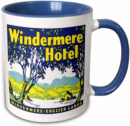 3dRose Vintage Windermere Hotel English Lakes Luggage Label 15oz Two-Tone Blue Mug