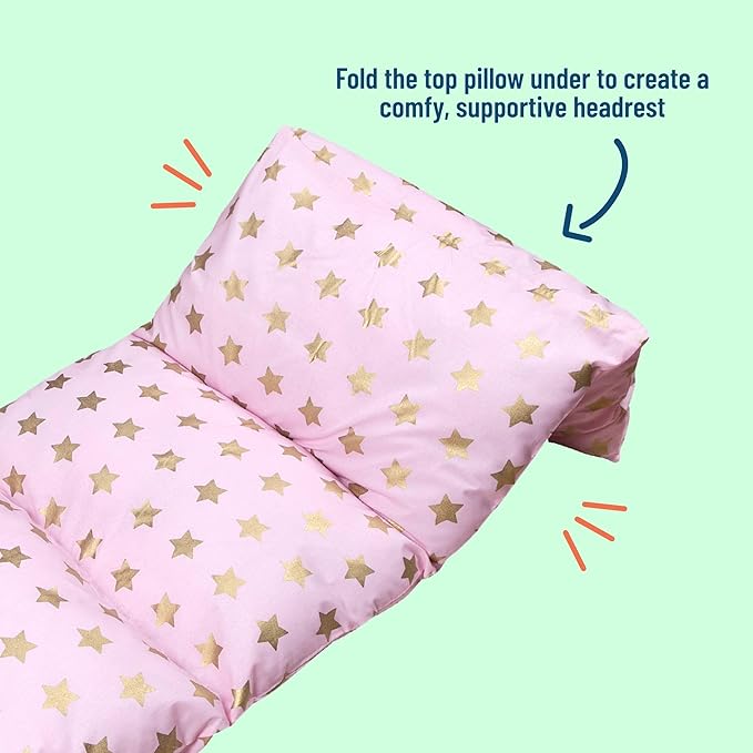 Wildkin Kids Pillowcase Lounger Cover – Travel-Friendly Sleepover Lounger, Fits Standard Pillows (Pillows Not Included), Soft Cotton Blend, Fun Patterns for Boys & Girls - Pink and Gold Stars