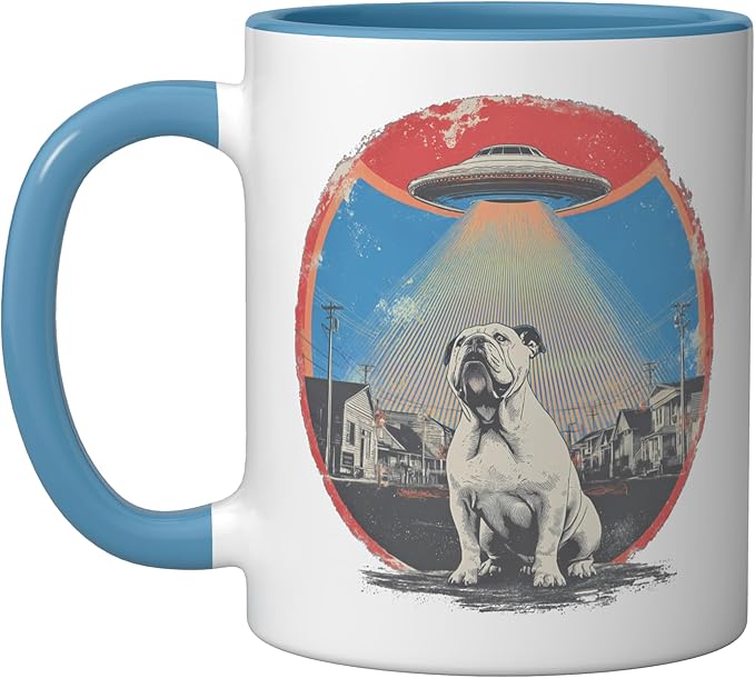 Retro UFO Bulldog Abduction Vintage Sci Fi Alien Invasion Ceramic Mug, Blue/White