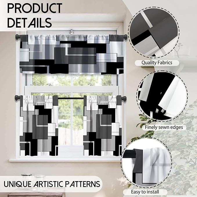MCALK Dark Grey Blackout Kitchen Curtains Tiers and Valances for Windows, Geometric Modern Art Kitchen Window Curtains, Grey and Black Valances for Living Room (36" Tiers Set)
