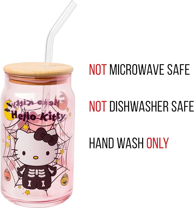 Silver Buffalo Sanrio Hello Kitty Halloween Spooky Skeleton Costume Pink Lavender Glass Jar Tumbler with Bamboo Lid and Glass Straw, 16 Ounces