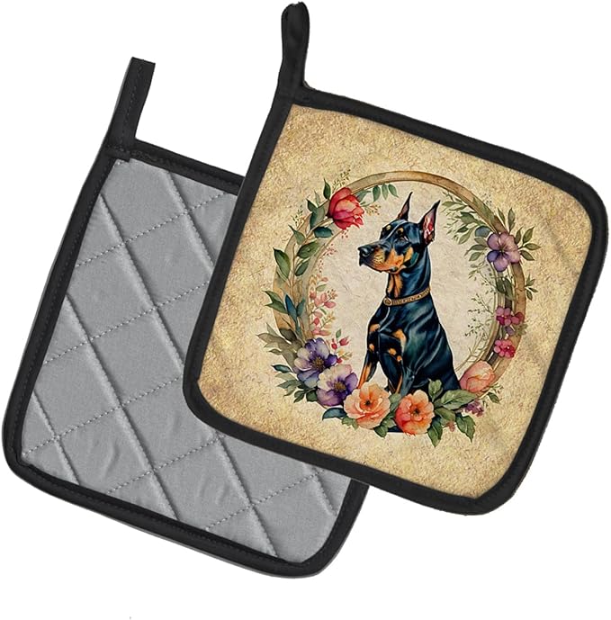 Caroline's Treasures Doberman Pinscher and Flowers Pair of Pot Holders Kitchen Heat Resistant Pot Holders Sets Oven Hot Pads for Cooking Baking BBQ, 7 1/2 x 7 1/2