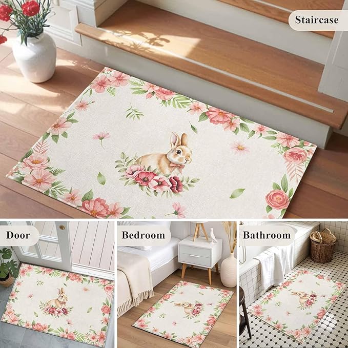 Area Rug 2x3ft, Retro Easter Rabbit on Linen Washable Rugs for Living Room Bedroom, Spring Pastoral Pink Flower Leaf Soft Non-Slip Area Rugs Rectangle Floor Carpet for Dining Room