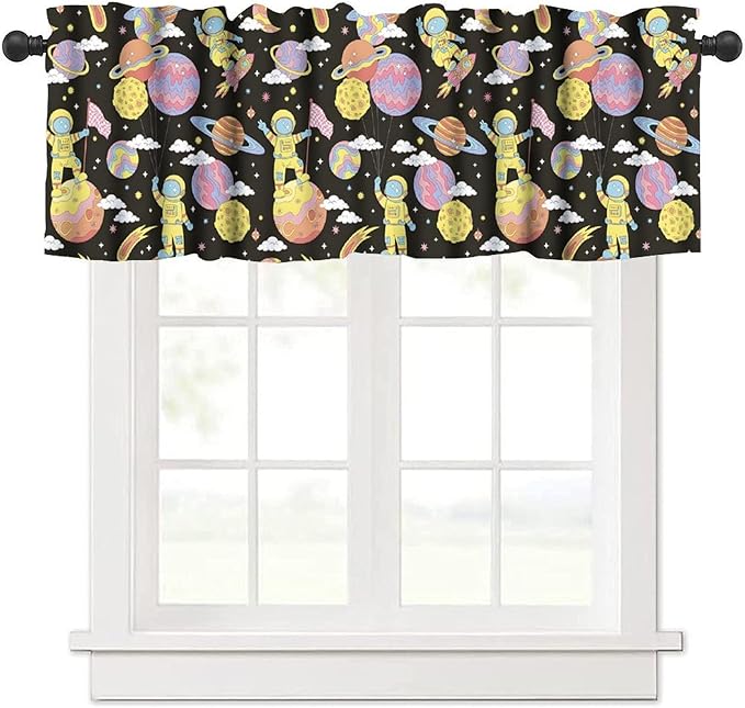 Retro Cartoon Space Valance, Funny Hippie Groovy Astronaut Planet Rocket Short Window Treatment for Kitchen Bedroom Nursery Living Room Decor, 54x18Inch