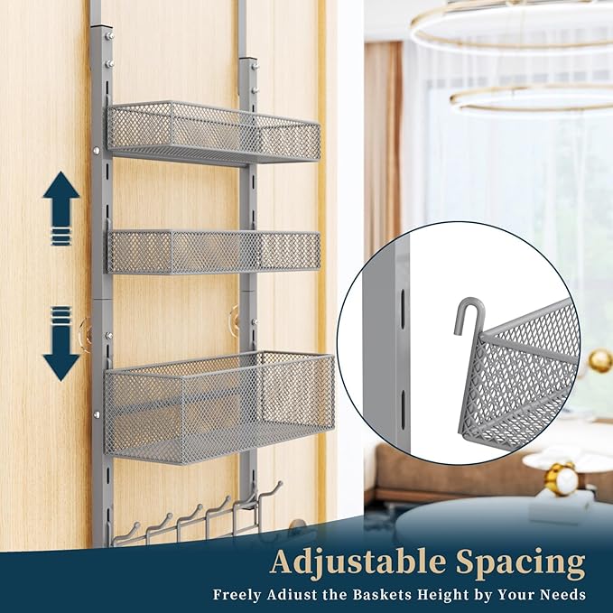 Consumest Over The Door Hooks Organizer - 4 Tier Door Coat Rack with 3 Baskets and 12 Hooks, Stainless Steel Towel Hanger for Bedroom, Bathroom, Living Room, Silver