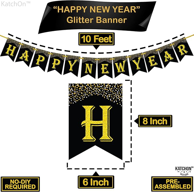KatchOn, New Years Eve Party Supplies 2026 - Huge, Pack of 29 | Happy New Year Banner, Gold Fringe Backdrop Curtain, New Year Balloons Latex for New Years Decorations 2026 | Nye Decorations 2026