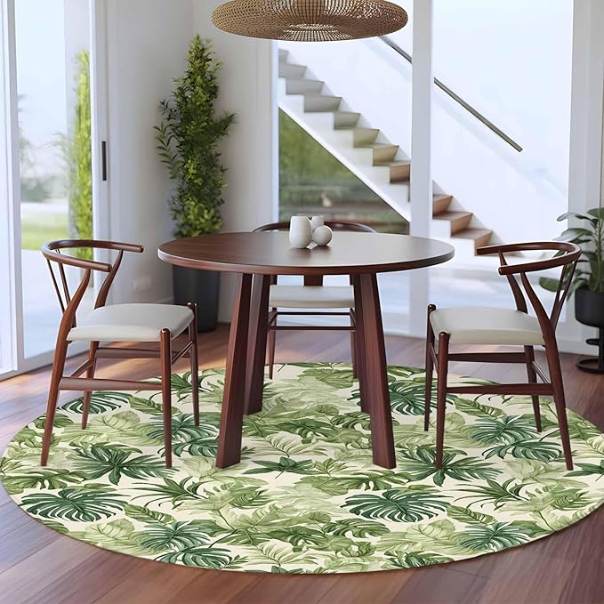 Washable Round Area Rug Green Palm Leaf Watercolor Circle Rugs Floor Carpet for Living Room Bedroom, Summer Tropical Leaves Soft Non Slip Round Rug 5ft