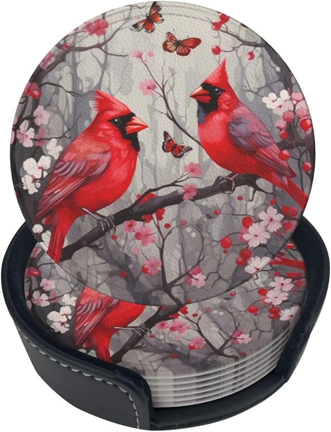 Famame 6 Pcs Butterflies Birds Cherry Leather Coasters for Drinks with Holder Coaster Sets Drink Table Cup Coasters for Living Room Kitchen Coffee Decor