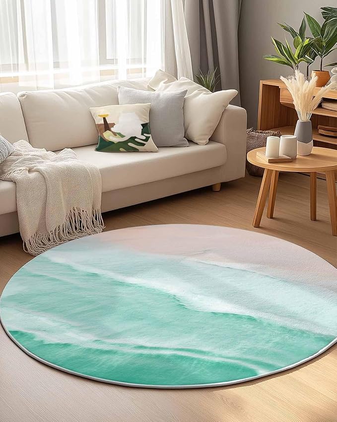 Round Area Rug,Summer Beach Green Water Ripples Circle Living Room Rug Non-Slip Rugs Indoor Carpet,Coastal Seaside Waves Soft Comfort Rugs for Bedroom KidsRoom Nursery