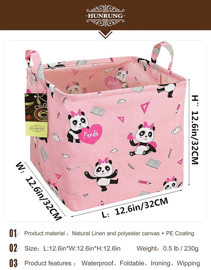 HUNRUNG Square Storage Bins Nursery Hamper Canvas Laundry Basket Foldable with Waterproof Nursery Boxes for Shelves/Gift Baskets/Toy Organizer/Office, Bedroom (Square-Pink-Book Panda)