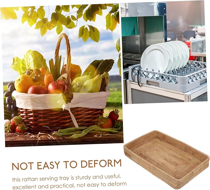 HEALLILY Rectangular Rattan Tray 14.76X9.25X1.96In Hand Woven Decorative Storage Organizer Serving Tray for Kitchen Coffee Table Bathroom