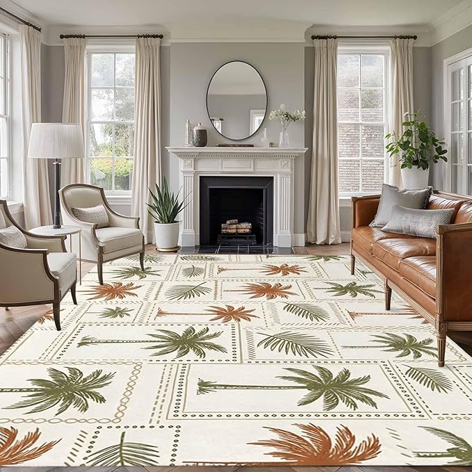 Area Rug 8x10ft, Vintage Coconut Tree Palm Leaves Washable Rugs for Living Room Bedroom, Farm Tropical Plant on Beige Soft Non-Slip Area Rugs Rectangle Floor Carpet for Dining Room