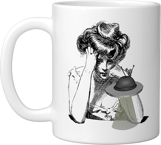 Girl with Alien Flying Saucer UFO Ceramic Mug, White