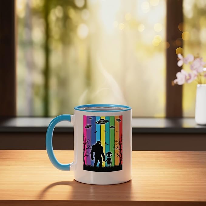 Bigfoot Holding Hands With Alien Ufo Rainbow Sci Fi Ceramic Mug, Blue/White
