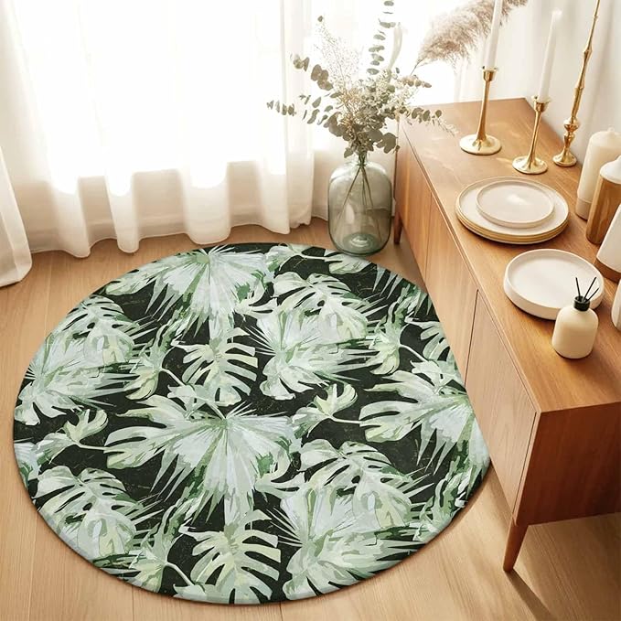 Washable Round Area Rug Abstract Dark Green Palm Leaves Circle Rugs Floor Carpet for Living Room Bedroom, Watercolor Plants Soft Non Slip Round Rug 3ft