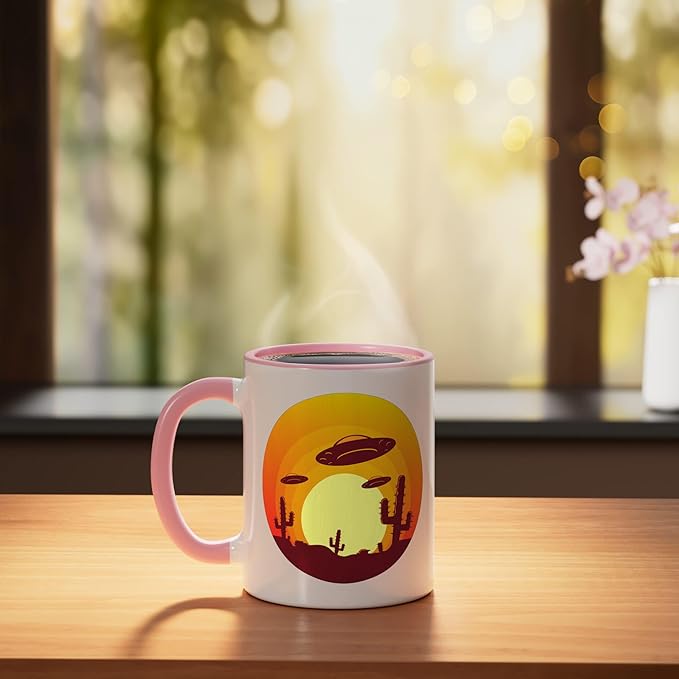 UFO Alien Abduction Conspiracy Vintage Nevada Desert Sunset Ceramic Mug, Pink/White