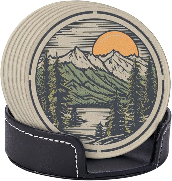 Mountain Sunset Leather Drinks Coasters with Holder, Set of 6, Suitable for Various Cups