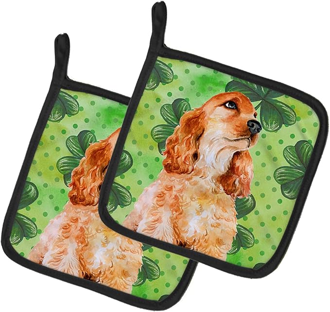 Caroline's Treasures BB9880PTHD Cocker Spaniel St Patrick's Pair of Pot Holders, Green Kitchen Heat Resistant Pot Holders Sets Oven Hot Pads for Cooking Baking BBQ, 7 1/2 x 7 1/2